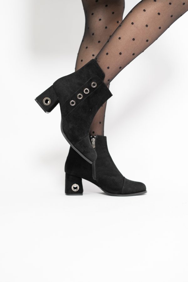 Botine damă cu toc din piele întoarsă ecologică cu fermoar - culoare Negru 119