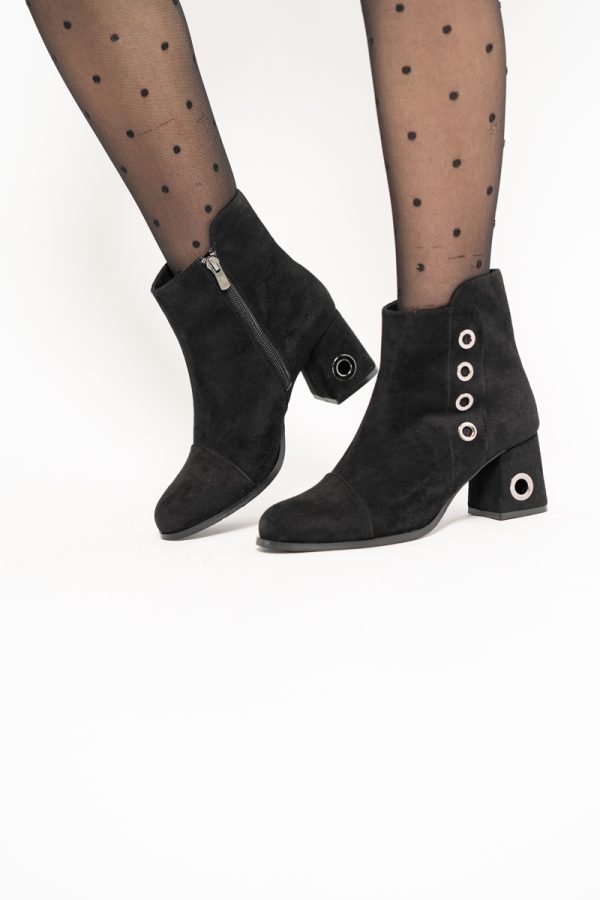 Botine damă cu toc din piele întoarsă ecologică cu fermoar - culoare Negru 121