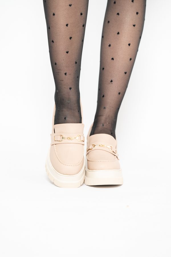 Pantofi Damă Casual cu Toc Tip Loafer din Piele Ecologică Bej Mat- BS604AY2409915 121
