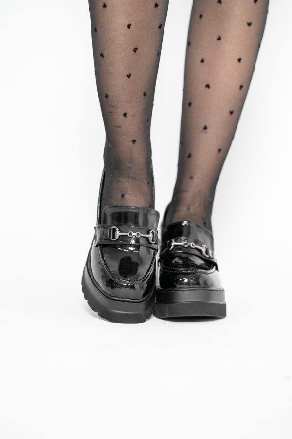 Pantofi Damă Casual cu Toc Tip Loafer din Piele Ecologică Negru Lac 121