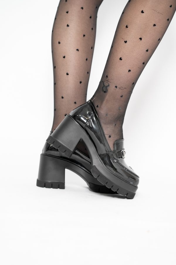 Pantofi Damă Casual cu Toc Tip Loafer din Piele Ecologică Negru Lac 119