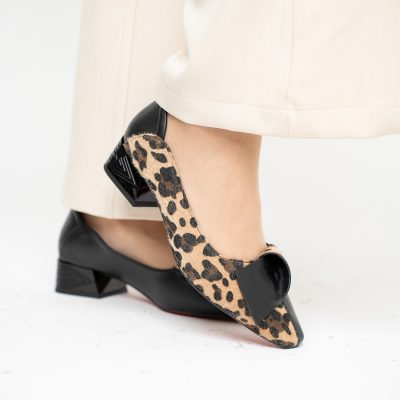Pantofi Damă cu Toc Jos din Piele Ecologică Negru-Maro (BS503D2410106)