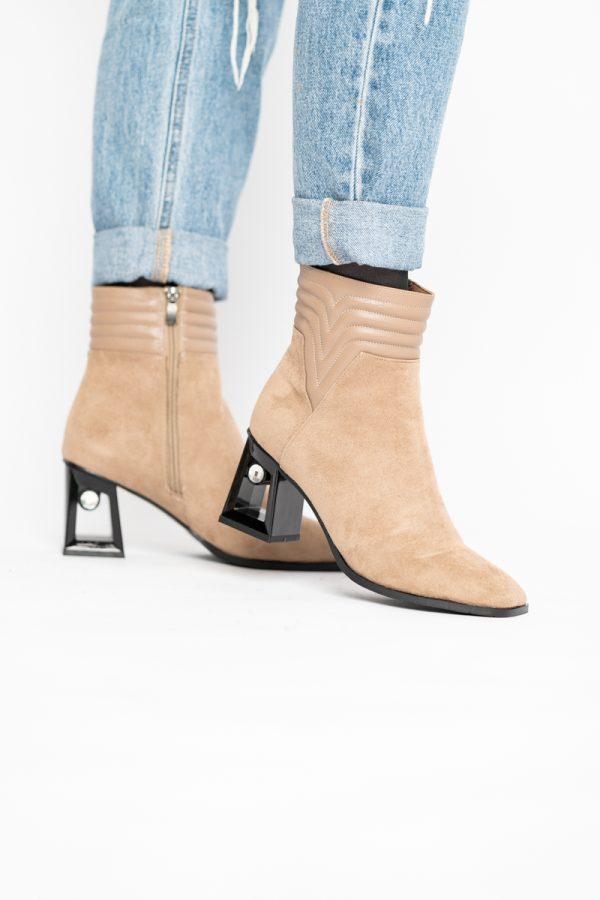 Botine elegante de damă cu toc, din piele ecologică întoarsă, cu fermoar - culoare Taupe BS8651BT2409848 123