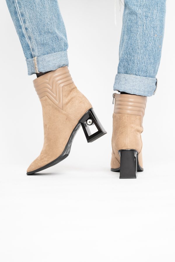 Botine elegante de damă cu toc, din piele ecologică întoarsă, cu fermoar - culoare Taupe BS8651BT2409848 119