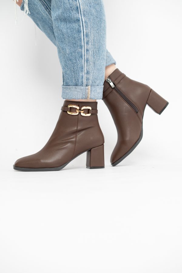 Botine elegante de damă cu toc din piele ecologică cu lanț Cafeniu BS1064AY2411145 121
