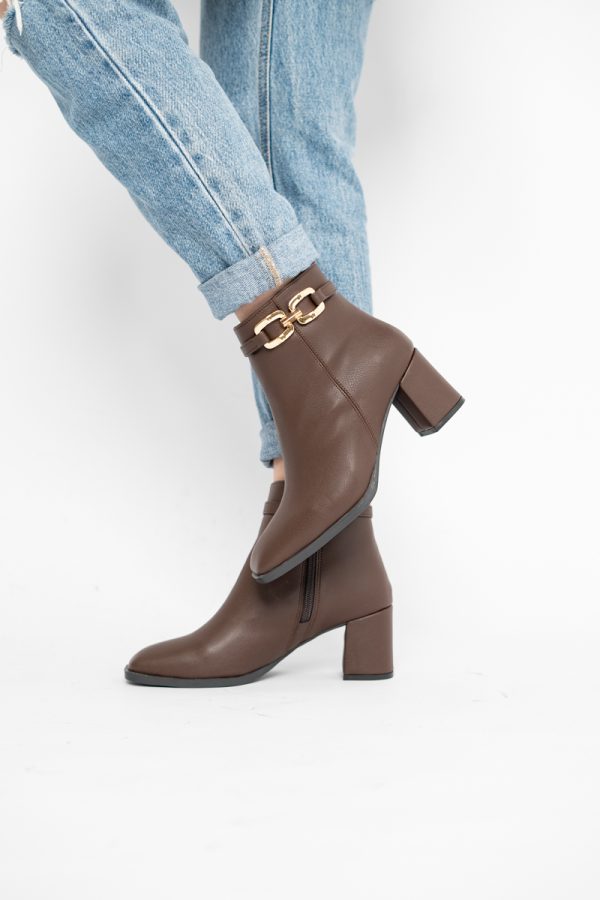Botine elegante de damă cu toc din piele ecologică cu lanț Cafeniu BS1064AY2411145 123