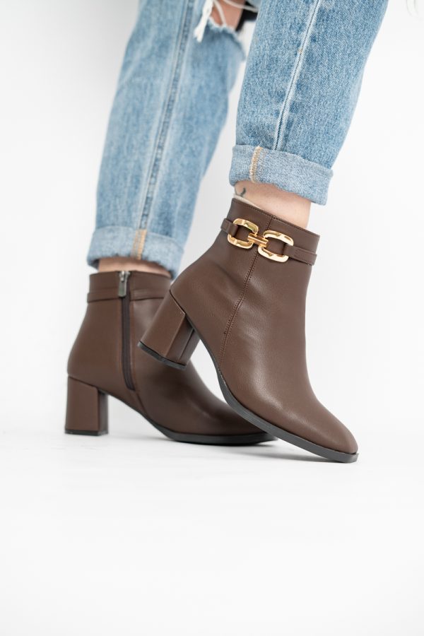 Botine elegante de damă cu toc din piele ecologică cu lanț Cafeniu BS1064AY2411145 119