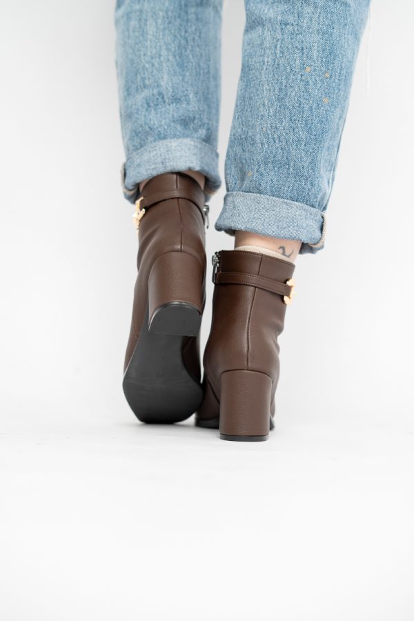 Botine elegante de damă cu toc din piele ecologică cu lanț Cafeniu BS1064AY2411145 125