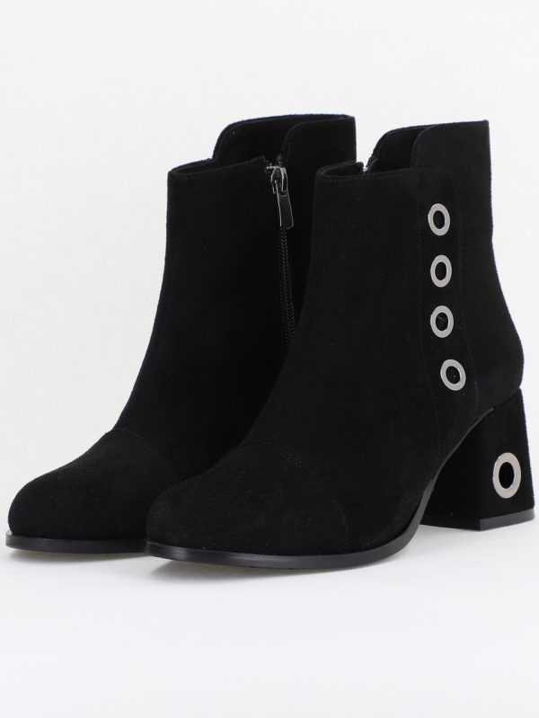 Botine damă cu toc din piele întoarsă ecologică cu fermoar - culoare Negru 120