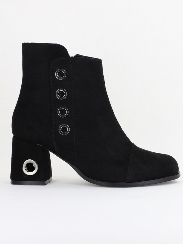 Botine damă cu toc din piele întoarsă ecologică cu fermoar - culoare Negru 122