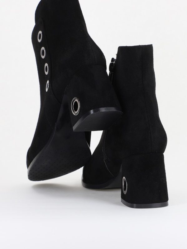 Botine damă cu toc din piele întoarsă ecologică cu fermoar - culoare Negru 125