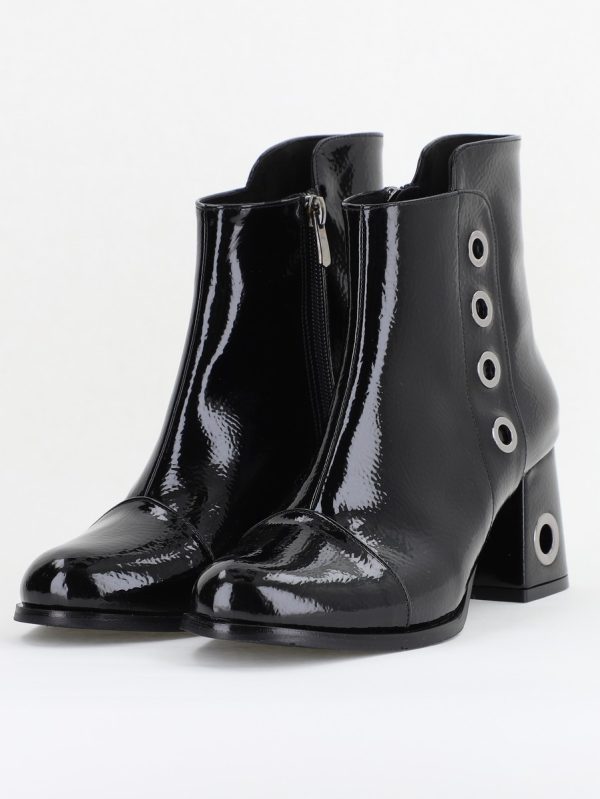 Botine damă cu toc din piele ecologică cu fermoar - culoare Negru Lac 120