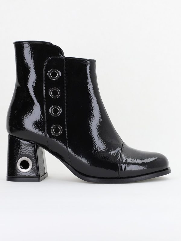 Botine damă cu toc din piele ecologică cu fermoar - culoare Negru Lac 122