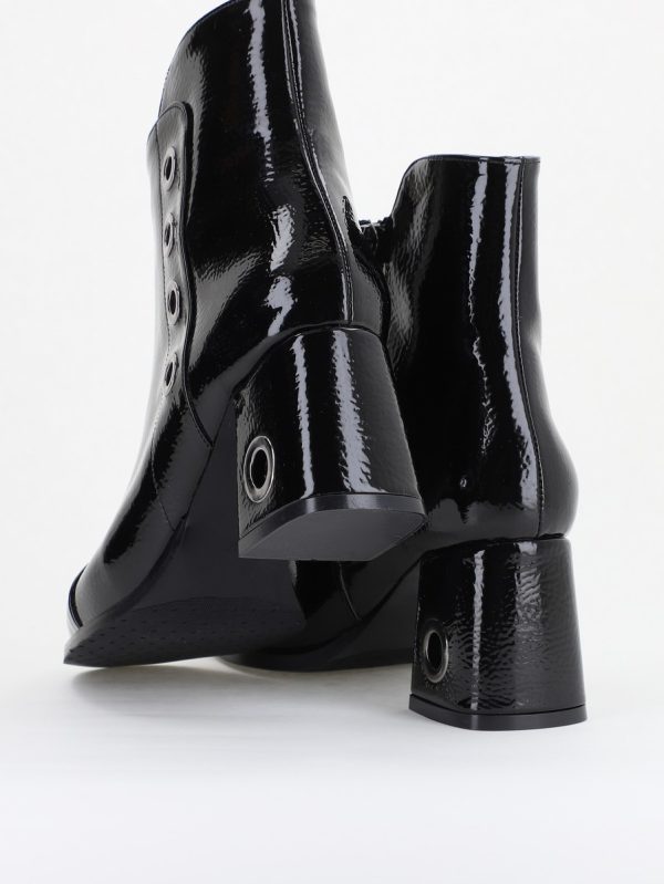 Botine damă cu toc din piele ecologică cu fermoar - culoare Negru Lac 125