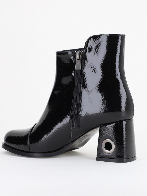 Botine damă cu toc din piele ecologică cu fermoar - culoare Negru Lac 126