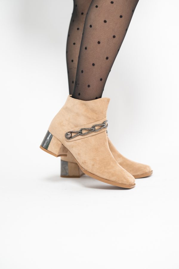 Botine damă cu toc jos din piele ecologică întoarsă cu fermoar - culoare Bej BS578BT2409827 119