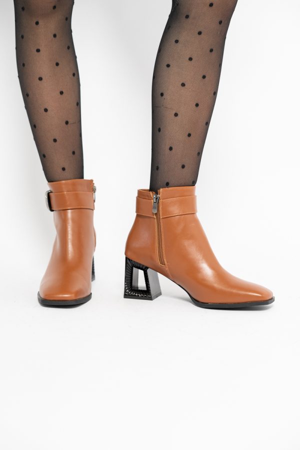 Botine elegante de damă cu toc, din piele ecologică  cu fermoar - culoare Maro  BS756BT2409865 123