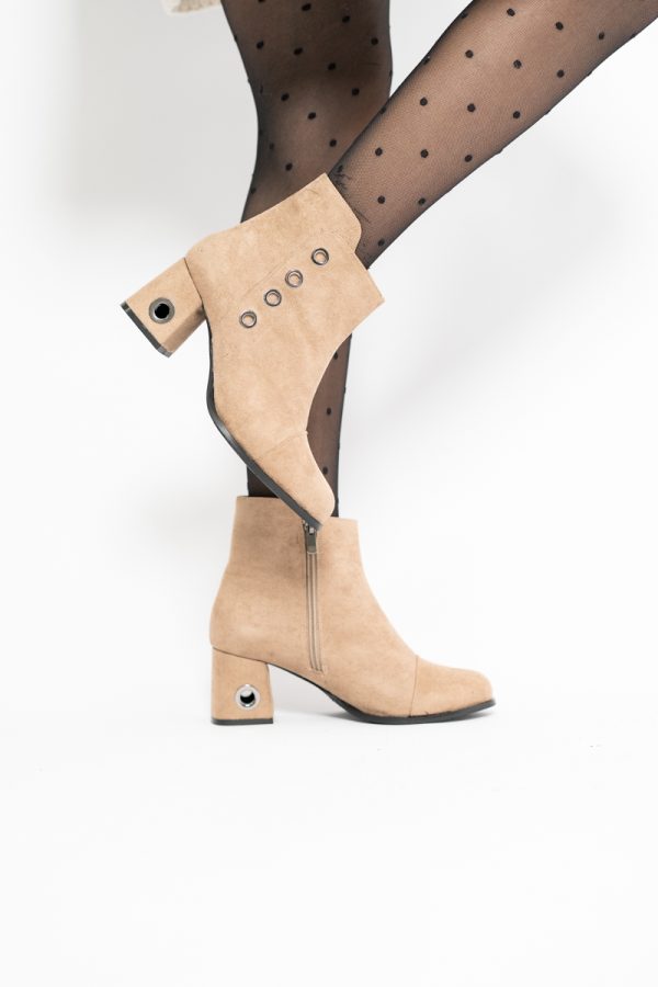 Botine damă cu toc din piele întoarsă ecologică cu fermoar - culoare Taupe 119