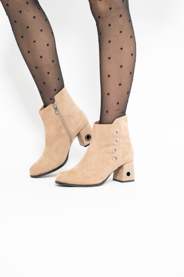 Botine damă cu toc din piele întoarsă ecologică cu fermoar - culoare Taupe 121