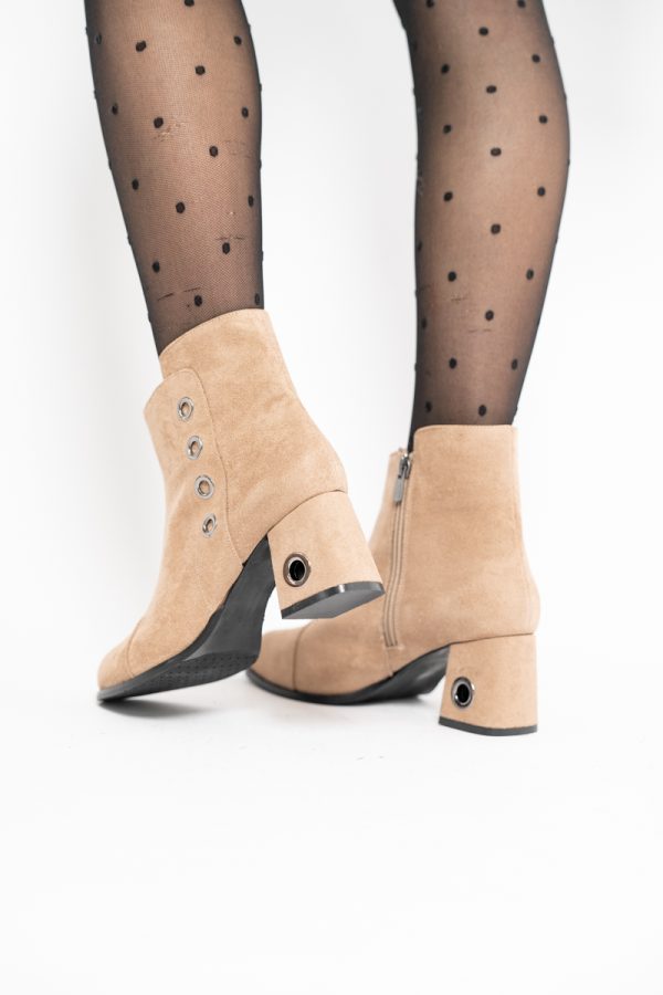 Botine damă cu toc din piele întoarsă ecologică cu fermoar - culoare Taupe 123