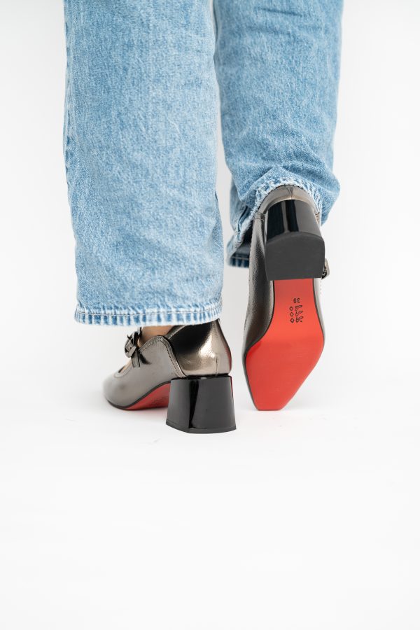Pantofi Casual Damă cu Toc Jos din Piele Ecologică culoare Platină lac BS806D2410090 123