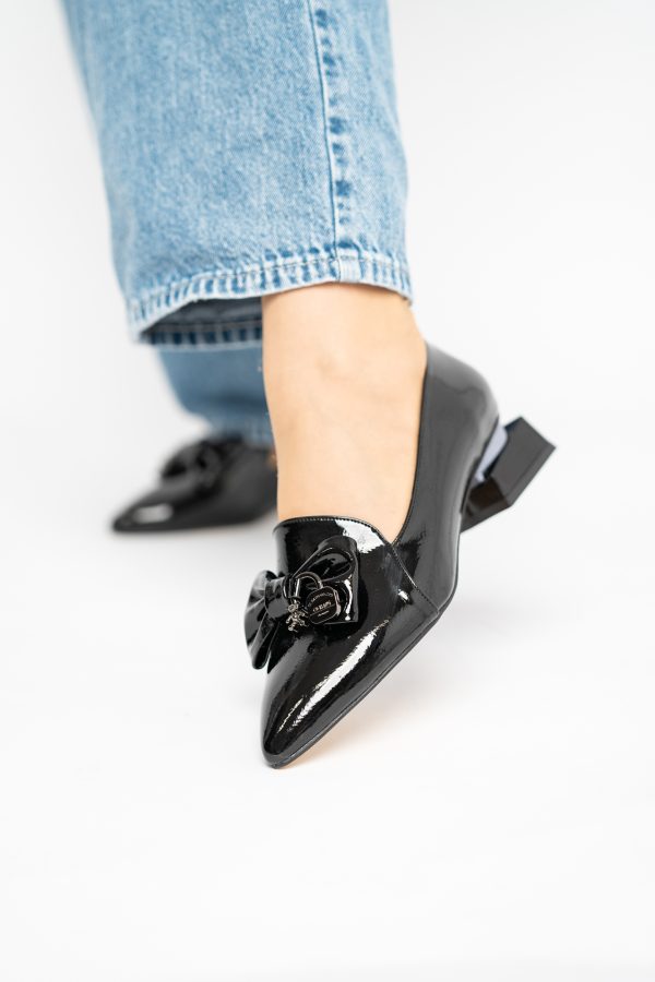Pantofi cu Toc Jos Eleganti cu Fundita din Piele Ecologică Negri BS167BA2411167 119