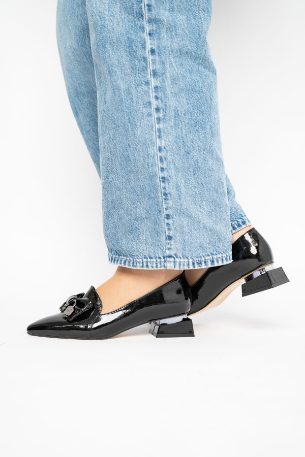 Pantofi cu Toc Jos Eleganti cu Fundita din Piele Ecologică Negri BS167BA2411167 123