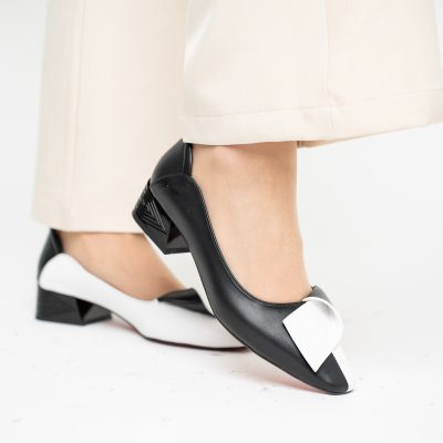Pantofi Damă cu Toc Jos din Piele Ecologică Negru-Alb (BS503D2410109)