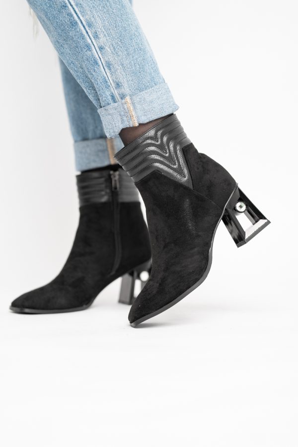 Botine elegante de damă cu toc, din piele ecologică întoarsă, cu fermoar - culoare Negru BS8651BT2409847 121