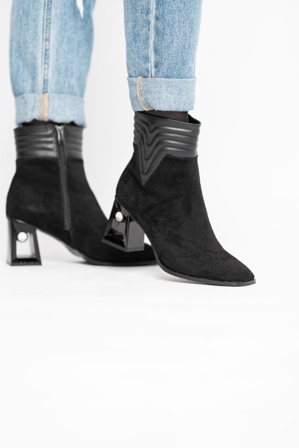 Botine elegante de damă cu toc, din piele ecologică întoarsă, cu fermoar - culoare Negru BS8651BT2409847 123