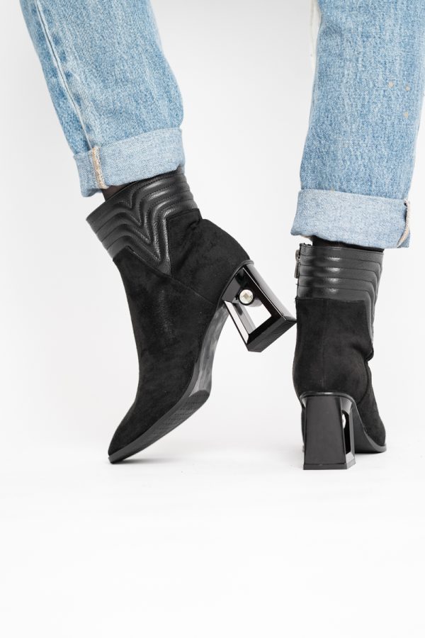 Botine elegante de damă cu toc, din piele ecologică întoarsă, cu fermoar - culoare Negru BS8651BT2409847 119