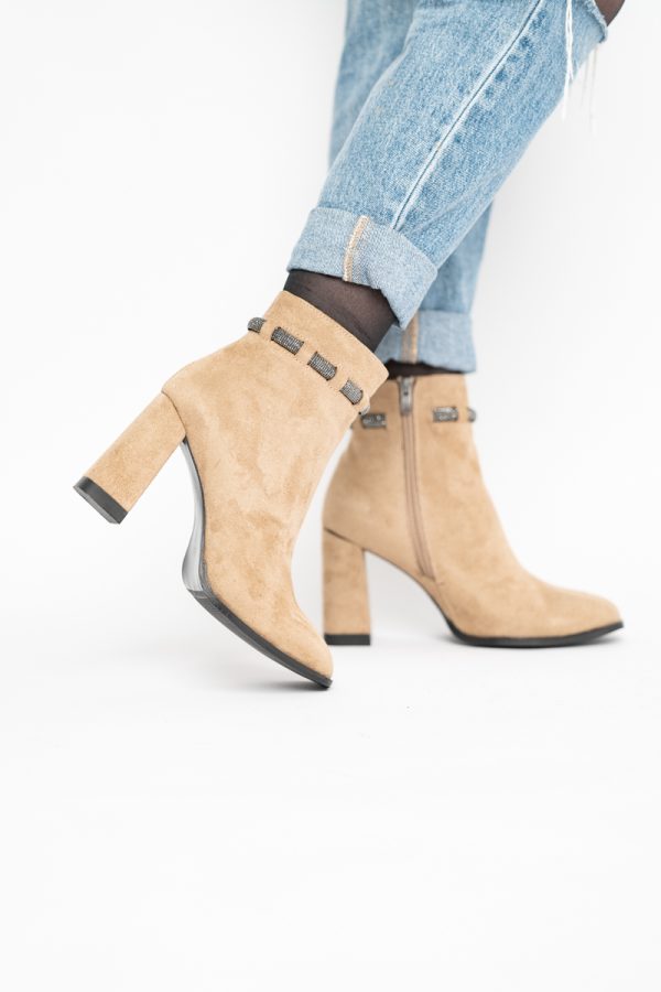 Botine elegante de damă cu toc, din piele ecologică întoarsă, cu fermoar - culoare Taupe BS5005BT2409849 119