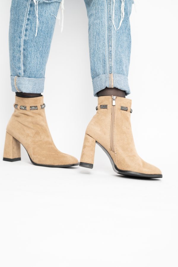 Botine elegante de damă cu toc, din piele ecologică întoarsă, cu fermoar - culoare Taupe BS5005BT2409849 121