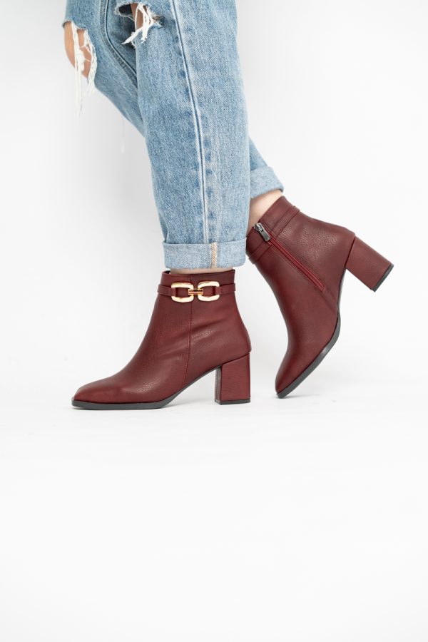 Botine elegante de damă cu toc din piele ecologică cu lanț Bordo BS1064AY2411144 123