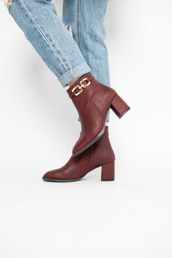 Botine elegante de damă cu toc din piele ecologică cu lanț Bordo BS1064AY2411144 121