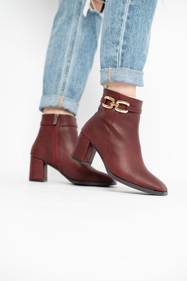 Botine elegante de damă cu toc din piele ecologică cu lanț Bordo BS1064AY2411144 119