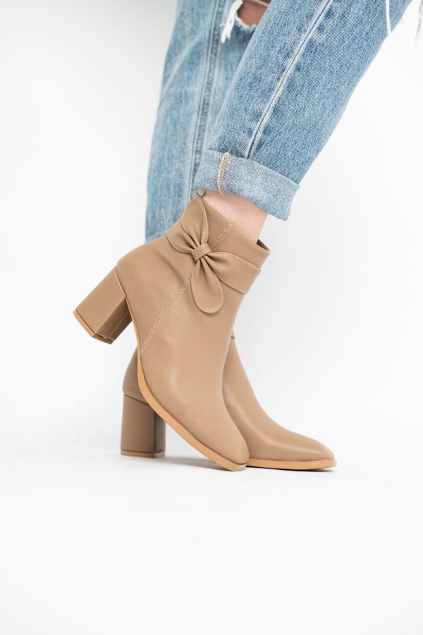 Botine elegante de damă cu toc din piele ecologică cu fundiță Taupe BS1092BT2411154 119