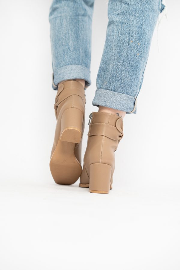 Botine elegante de damă cu toc din piele ecologică cu fundiță Taupe BS1092BT2411154 127