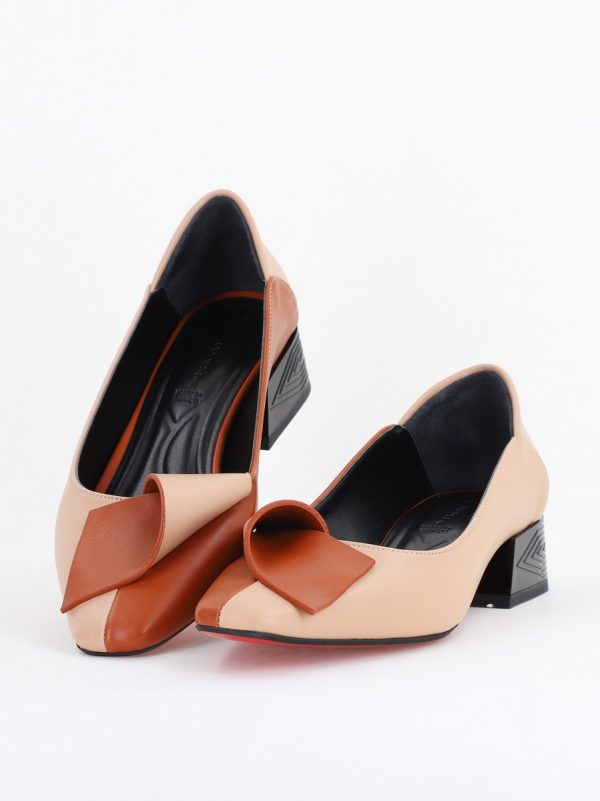Pantofi Damă cu Toc Jos din Piele Ecologică Bej-Maro (BS503D2410104) 119