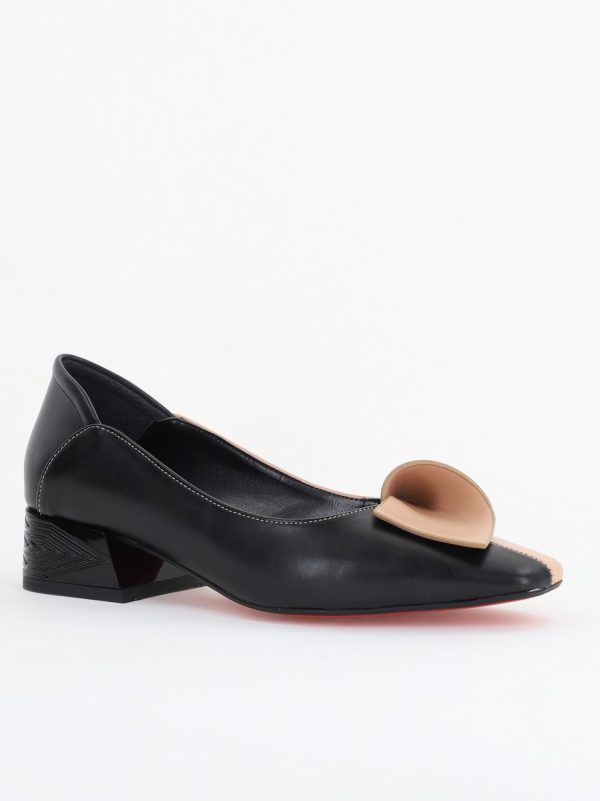 Pantofi Damă cu Toc Jos din Piele Ecologică Negru-Bej (BS503D2410108)