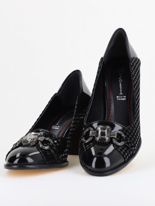 Pantofi Damă cu Toc Gros Piele Ecologică cu Pietricele culoare negru - BS672AY2410947 123