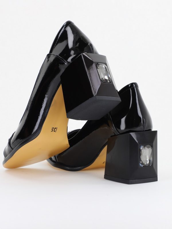 Pantofi Damă cu Toc Gros Piele Ecologică cu Pietricele culoare negru lac - BS672AY2410948 122