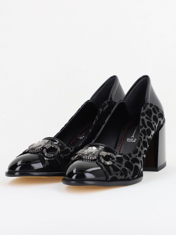 Pantofi Damă cu Toc Gros Piele Ecologică cu Pietricele culoare negru - BS672AY2410951 119