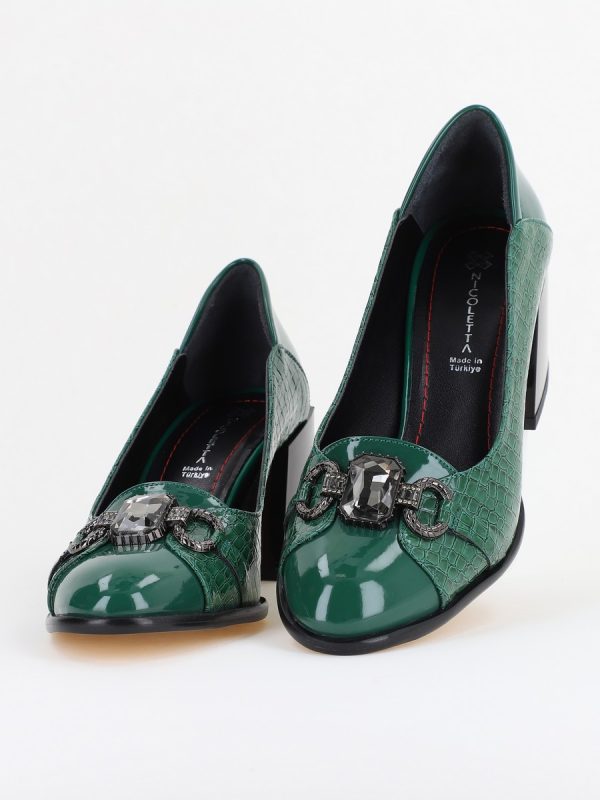 Pantofi Damă cu Toc Gros Piele Ecologică cu Pietricele culoare verde - BS672AY2410949 123