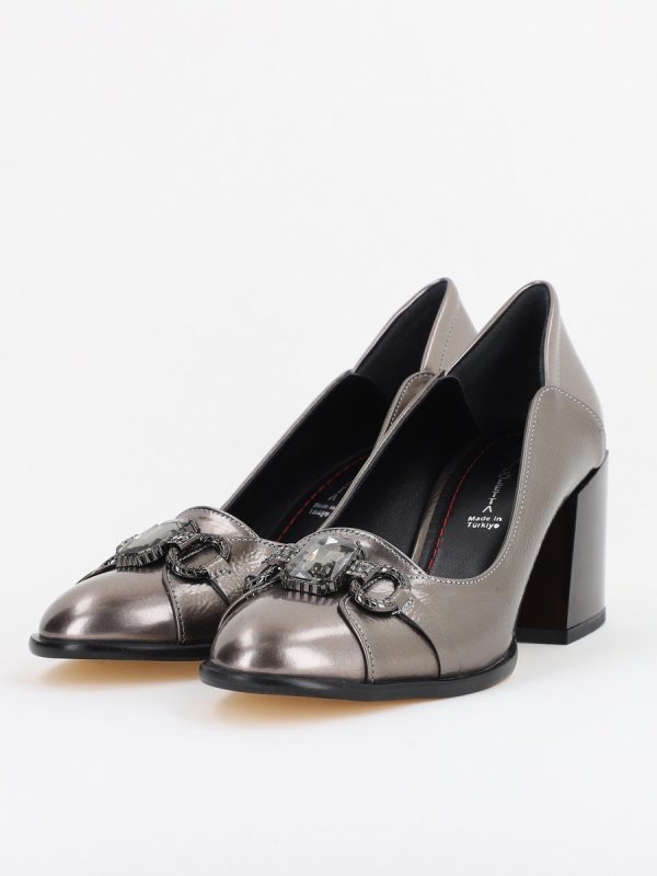 Pantofi Damă cu Toc Gros Piele Ecologică cu Pietricele culoare platina - BS672AY2410950 119