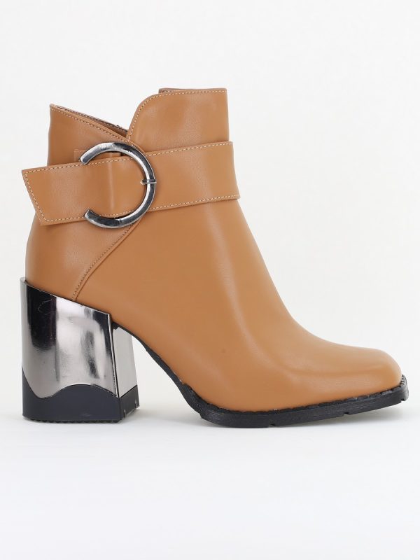Botine damă casual cu toc din piele ecologică  cu fermoar - culoare maro mat BS552BT2409856 122