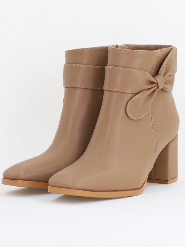 Botine elegante de damă cu toc din piele ecologică cu fundiță Taupe BS1092BT2411154 120