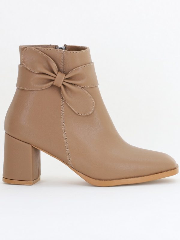 Botine elegante de damă cu toc din piele ecologică cu fundiță Taupe BS1092BT2411154 122