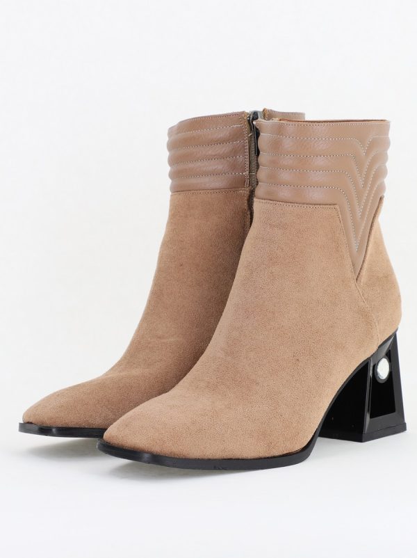 Botine elegante de damă cu toc, din piele ecologică întoarsă, cu fermoar - culoare Taupe BS8651BT2409848 122