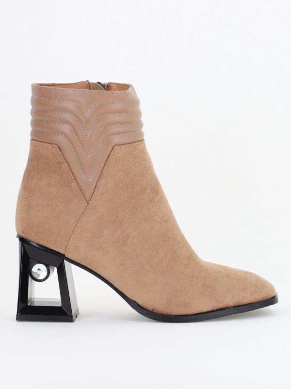 Botine elegante de damă cu toc, din piele ecologică întoarsă, cu fermoar - culoare Taupe BS8651BT2409848 120